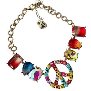 BETSEY JOHNSON Peace Sign Flowers & Gems Statement Bib Collar Necklace NEW NWT